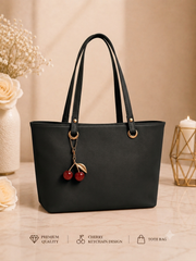 Cherry Charm Women's Tote Bag with Dual Zip Compartments, Back Pocket & Inner Pocket - Black
