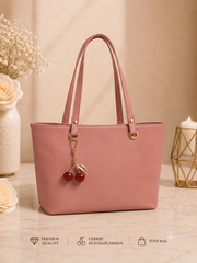 Cherry Charm Women's Tote Bag with Dual Zip Compartments, Back Pocket & Inner Pocket - Black