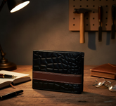 Men’s Croc-Texture Cow Leather Wallet – Black with Maroon Strip Stylish Bifold Slim Wallet