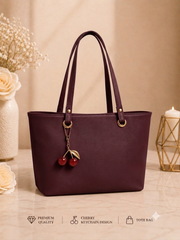 Cherry Charm Women's Tote Bag with Dual Zip Compartments, Back Pocket & Inner Pocket - Black