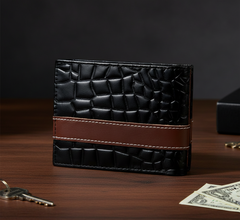 Men’s Croc-Texture Cow Leather Wallet – Black with Maroon Strip  Stylish Bifold Slim Wallet