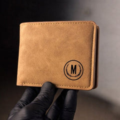 Premium Men's Leather Wallet – M Logo  6 Card Slots  2 Cash Pockets  2 SIM Slots  Elegant Flap Design  4 Colors - Blac