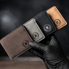 Premium Men's Leather Wallet – M Logo  6 Card Slots  2 Cash Pockets  2 SIM Slots  Elegant Flap Design  4 Colors - Blac